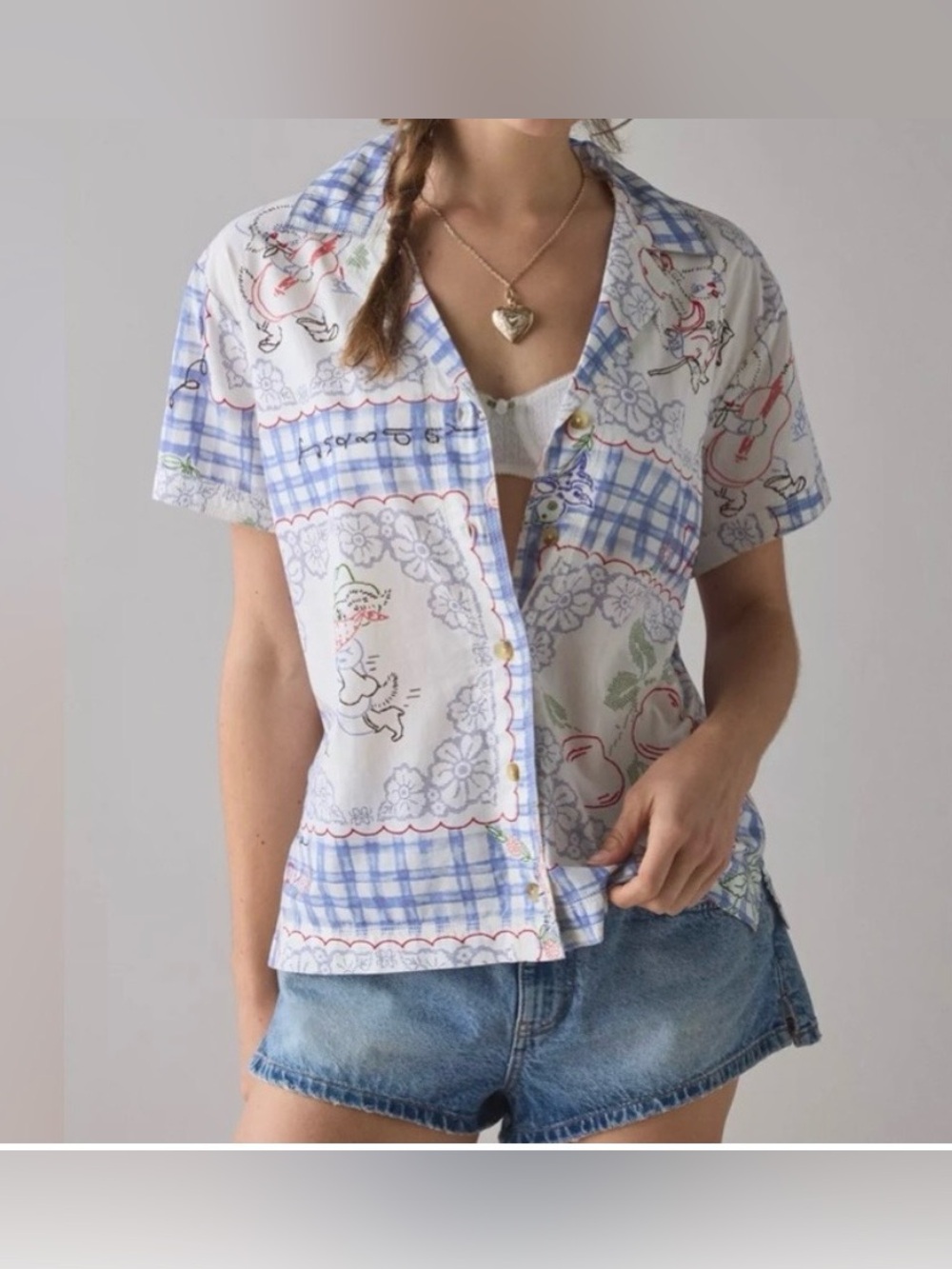 Urban Outfitters BDG button-down shirt
plaid pattern embroidered cartoon kitsch